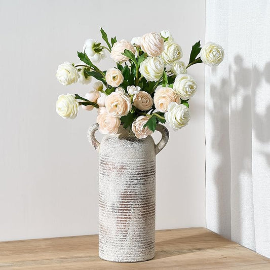 Ceramic Rustic Vase for Home Decor, Terracotta Vase with Handles, Handcrafted Vintage Decorative Flower Vase for Farmhouse, Living Room, Table, Fireplace, Nightstand