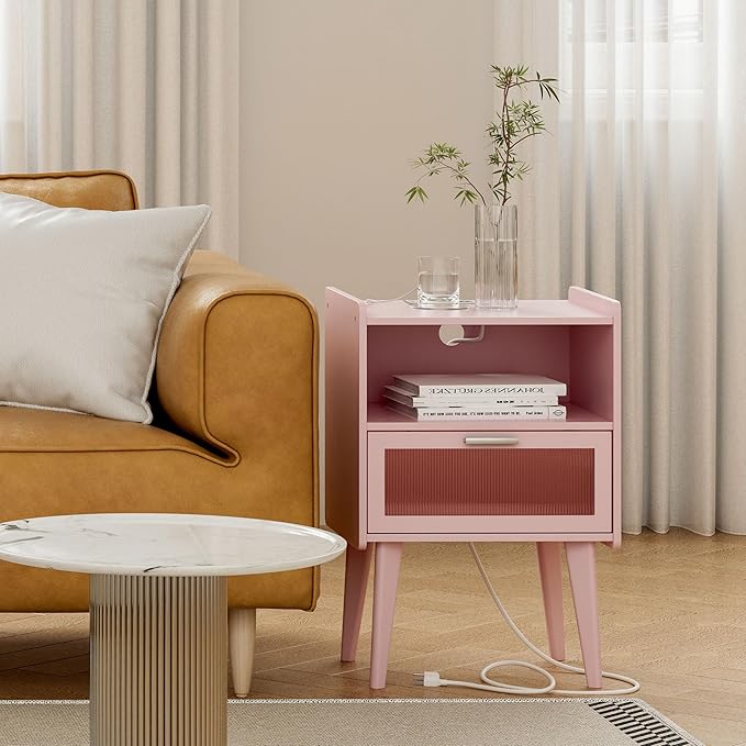Nightstand with Charging Station, Bedside Tables Pink End Table Side Table with 2 Tiers Storage Space, for Bedroom Living Room MLBZ07PE