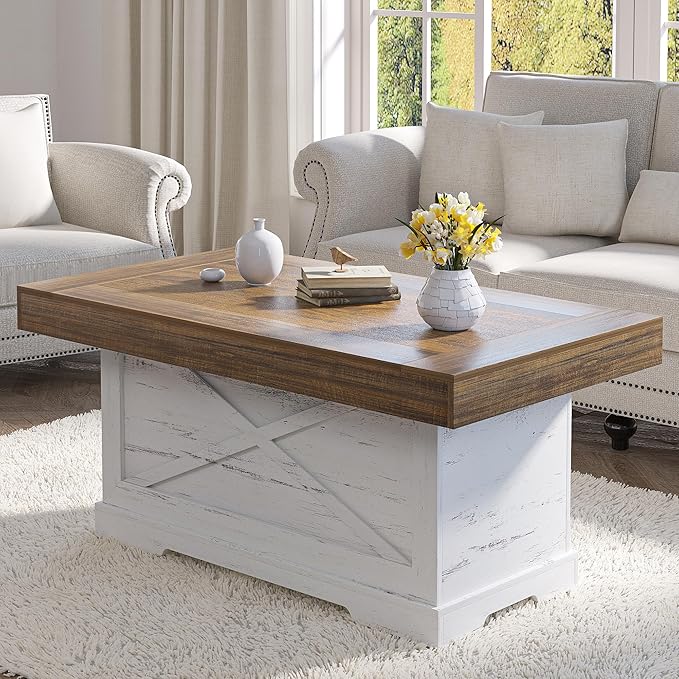 Coffee Table 39 in Farmhouse Center Table with X-Design Wooden Pedestal for Living Room, Space Saving, Rectangle Home Office Tea Accent Table for Apartment, Antique White Walnut