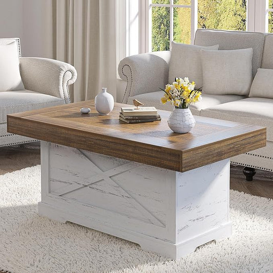 Coffee Table 39 in Farmhouse Center Table with X-Design Wooden Pedestal for Living Room, Space Saving, Rectangle Home Office Tea Accent Table for Apartment, Antique White Walnut