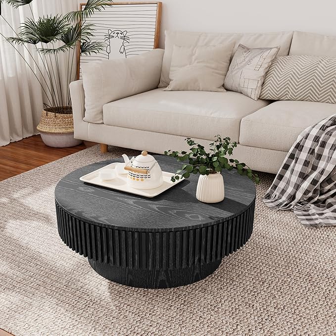 31.5 Inch Round Drum Coffee Table with Storage, Handcraft Fluted Drum Coffee Table, Modern Wooden Round Coffee Table Center Table with Sturdy Pedestal for Living Room Apartment (Black)