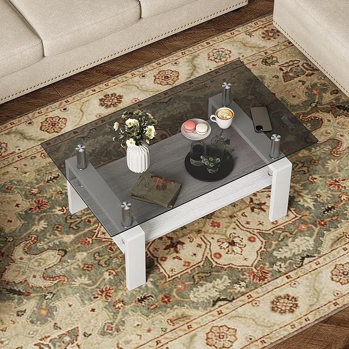 Modern 2-Tier Coffee Table with Tempered Glass Top, MDF Shelf & Metal Legs, Rectangular Living Room Center Table, Sturdy & Stylish Table for Small Spaces, Lounge or Office