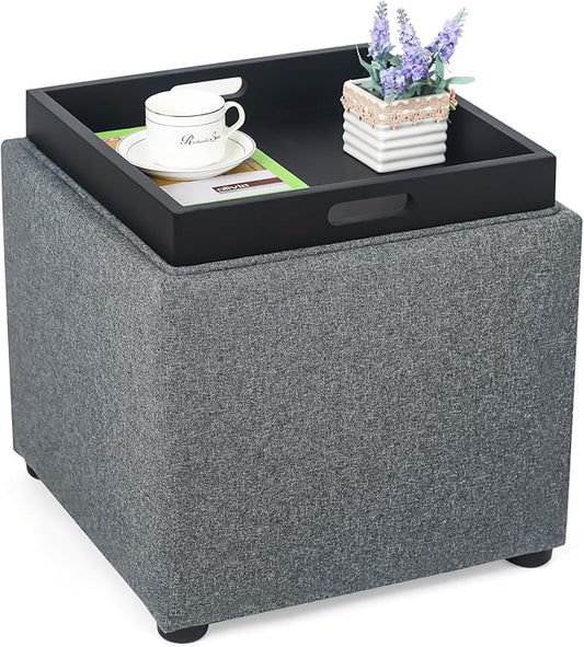 Adeco 17" Grey Square Storage Ottoman with Tray, Modern Cube Ottoman Coffee Table for Dorm, Bedroom (Grey with Tray)