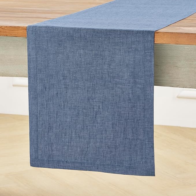 Solino Home Linen Table Runner 108 Inches Long - Athena, 100% Pure Linen Blue Denim Dining Table Runner 14 x 108 Inch