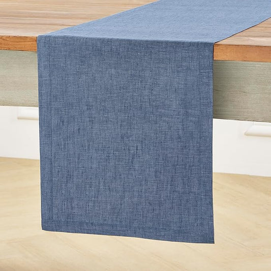 Solino Home Linen Table Runner 72 Inches Long - Athena, 100% Pure Linen Blue Denim Dining Table Runner 14 x 72 Inch