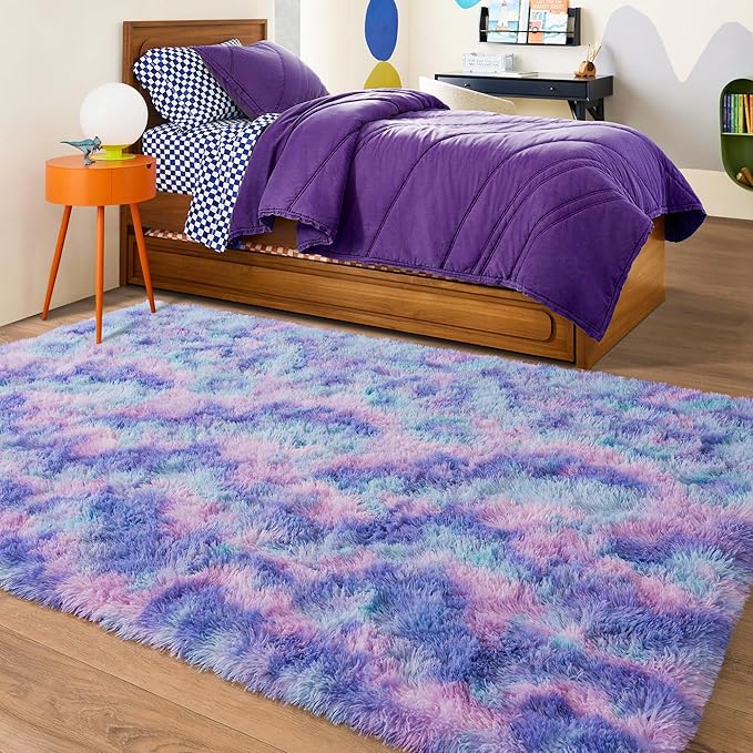 Rugs for Living Room 8x10, Soft Shaggy Modern Shag Area Rug for Bedroom, Upgrade Non-Slip Plush Fluffy Carpet for Kids Boys Girls Room Home Decor Aesthetic, Rainbow Purple