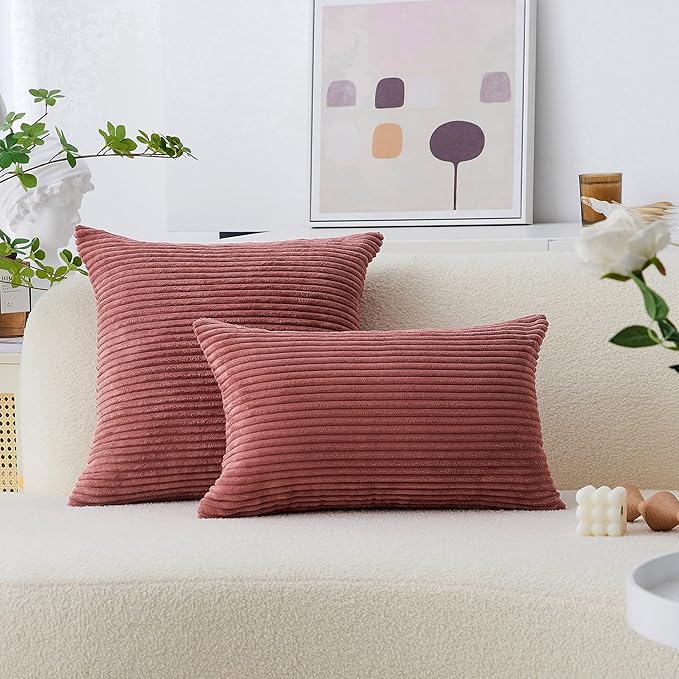 Home Brilliant Lumbar Pillow Covers Rectangle Set of 2 Throw Pillows Striped Corduroy Cushion Covers for Gift Girl's Room Decor, 12 x 20 inch, Dry Rose Pink