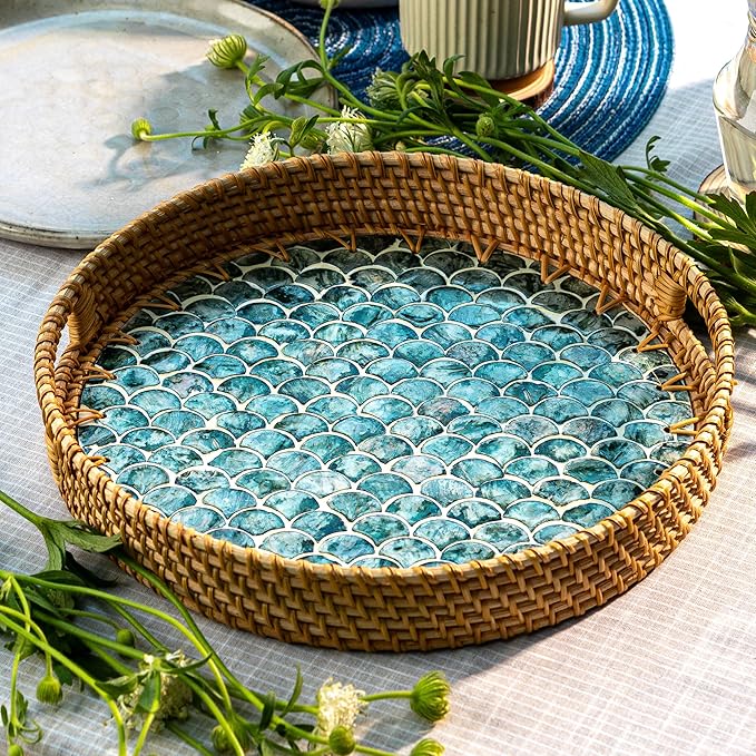 JUNGLE CULTURE Large Rattan Serving Tray 14" with Mother of Pearl Inlay • Coastal Boho Collection • Handcrafted Serving Tray with Handles • Round Woven Table Trays for Home • Wicker Basket – Cascade