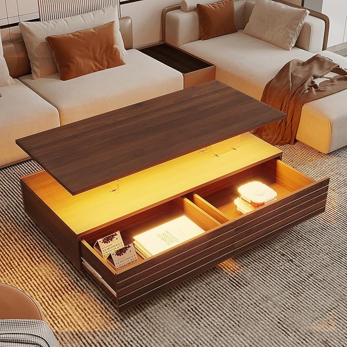 Merax 47.2" Modern Rectangular LED Lights Coffee Table with 2 Drawers, Walnut