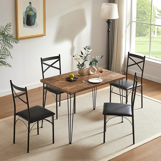 VECELO Dining Table Set for 4, Kitchen Table Set with 4 Chairs for Small Space, Space-Saving and Modern Design, Apartment, Easy to Assemble,Classic Brown