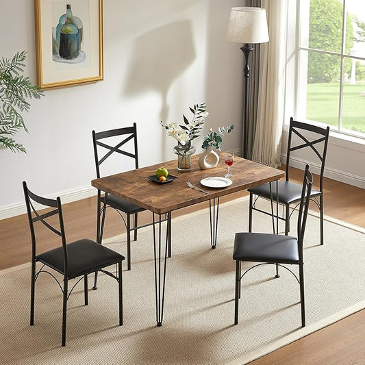VECELO Dining Table Set for 4, Kitchen Table Set with 4 Chairs for Small Space, Space-Saving and Modern Design, Apartment, Easy to Assemble,Brown
