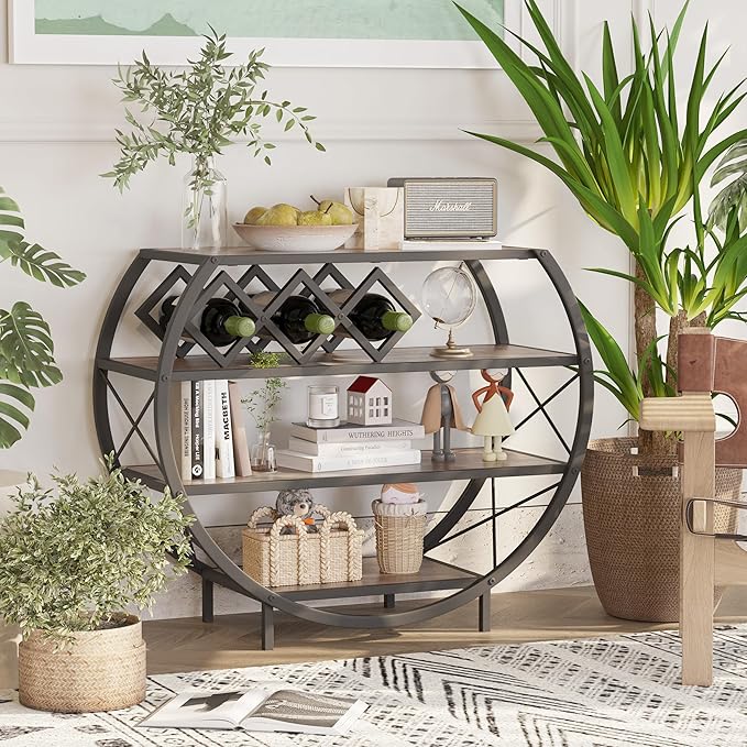 Demilune Console Table Industrial Entryway Table with 4-Tier Open Storage Shelf Wood and Metal Christmas Sofa Table with Wine Rack for Living Room Hallway Display Vintage Rustic Brown