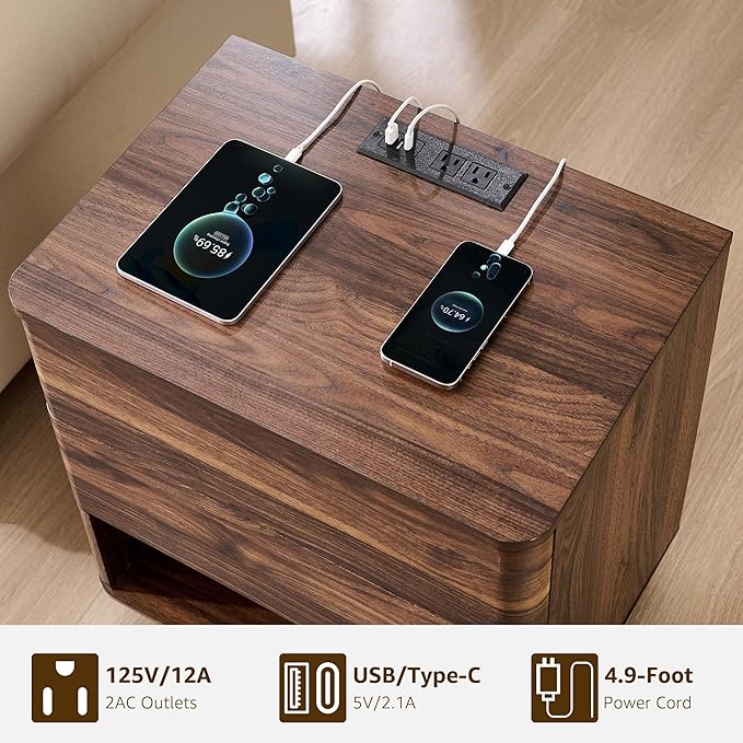 ACCOHOHO Nightstand with Charging Station, 22" Push-to-Open Bedside Table with 2 Storage Drawers, Large Modern End Table for Bedroom,Living Room,Brown