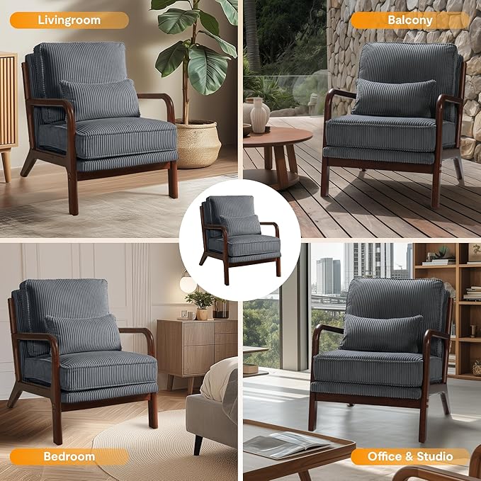 FLEXISPOT AC1 Accent Chairs Set of 2, Upholstered Mid Century Modern Corduroy Armchairs with Solid Wood Frame, Comfy Lounge Reading Chairs Farmhouse Armchairs for Living Room, Bedroom, Balcony (Gray)