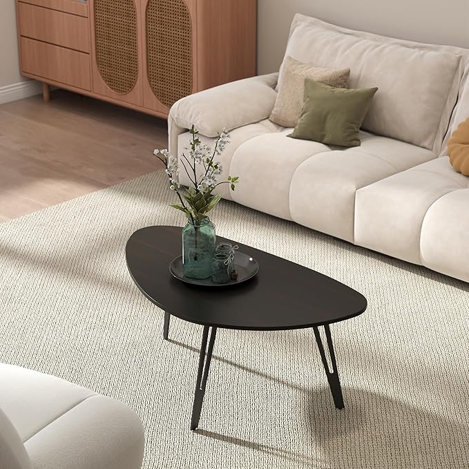 Manora Modern Simple Wood Coffee Table with Black Metal Legs, Oval Tea Table for Living Room or Office, Compact Center Table for Small Space, Dark Brown
