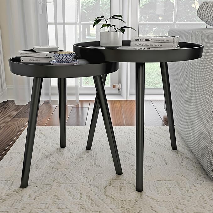 Nesting Side Tables - Set of 2 Round End Tables for Living Room, Bedroom, or Home Office - Accent Table Set with Tray Tops - Mid-Century Modern Living Room Furniture by Lavish Home (Black)