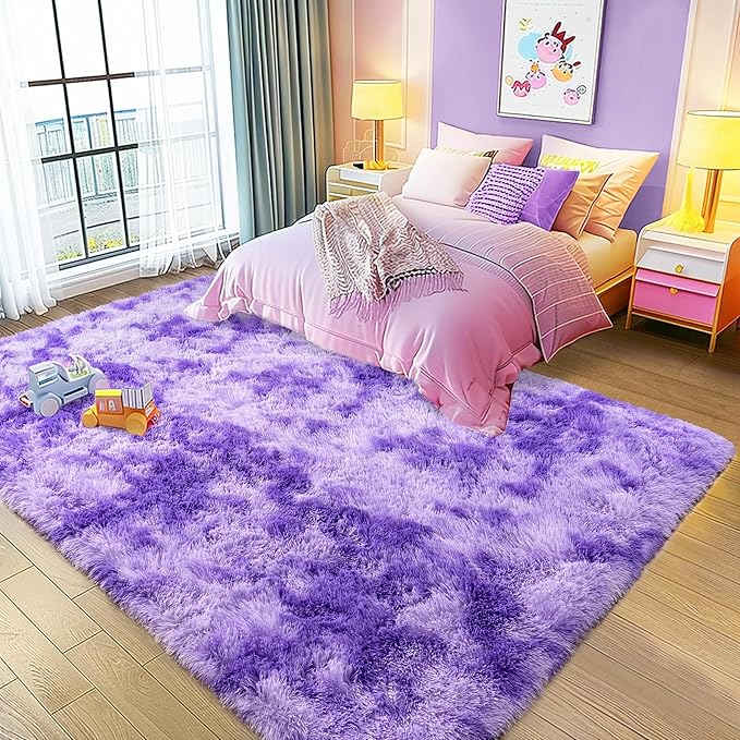 Ultra Fluffy Area Rugs for Living Room Bedroom, 6x9 Fuzzy Large Living Room Rugs, Thick Shag Rug for Dorm, Soft Non Slip Kids Girls Boys Rug for Home Decor Aesthetic, Tie-Dyed Purple