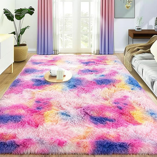 Super Fluffy Rug for Bedroom, 4x6 Shag Fuzzy Area Rug for Living Room Bedroom, Plush Soft Carpet for Girls Boys Kids, Non Slip Throw Rugs for Dorm, Modern Home Decor Aesthetic, Dark Rainbow