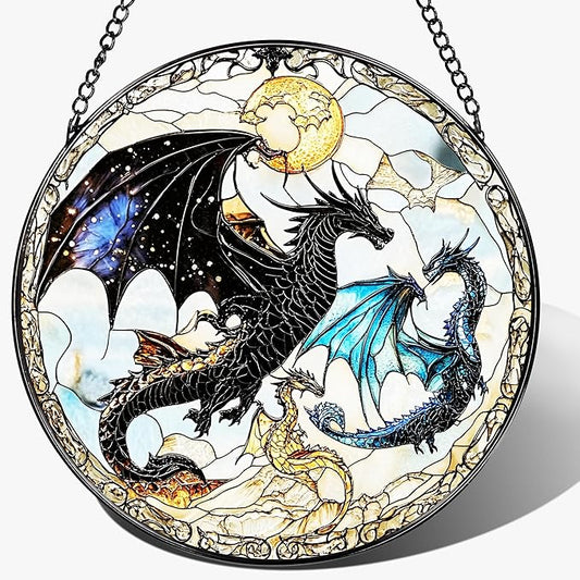 Dragon Stained Glass Window Hanging, 8 Inch Sun Catchers Indoor Window, Suncatchers for Windows Hanging, Home Decor and Christmas, Holiday, Mother's Day, Father's Day, Birthday Gifts for Women, Men