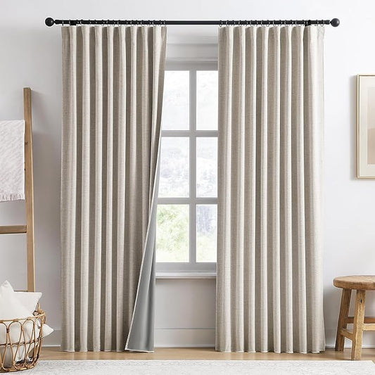 92 Inch Long Curtains Blackout 2 Panels,Custom Made Modern Neutral Soundproof Elegant Decorative Dark Out Linen Cottage Nursery Draperies for Living Room 50x92-in Linen Beige