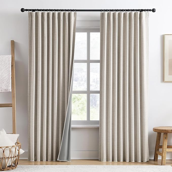 RAIN CITY Beige Color Blackout Curtains 90 Inch Long 2 Panels,Back Tab Pleated Heading Tape with Hooks,Minimalist Completely Shaded Thermal Insulated Noise Reducing French Door Drapes 50 Wide