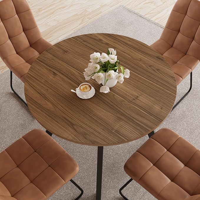 34.6'' Round Dining Table and Chairs for 4 Space Saving for Apartment Kitchen Dining Room (Walnut Table+4 U-Shaped Brown Chairs)