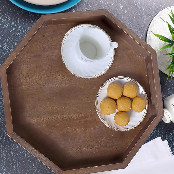 12" Rustic Wooden Serving Tray - Decorative Wood Serving Tray with Handles for Coffee Table, Breakfast in Bed, Food Dinner, Rustic Octagonal Tray (Walnut) - CLEENTABLE