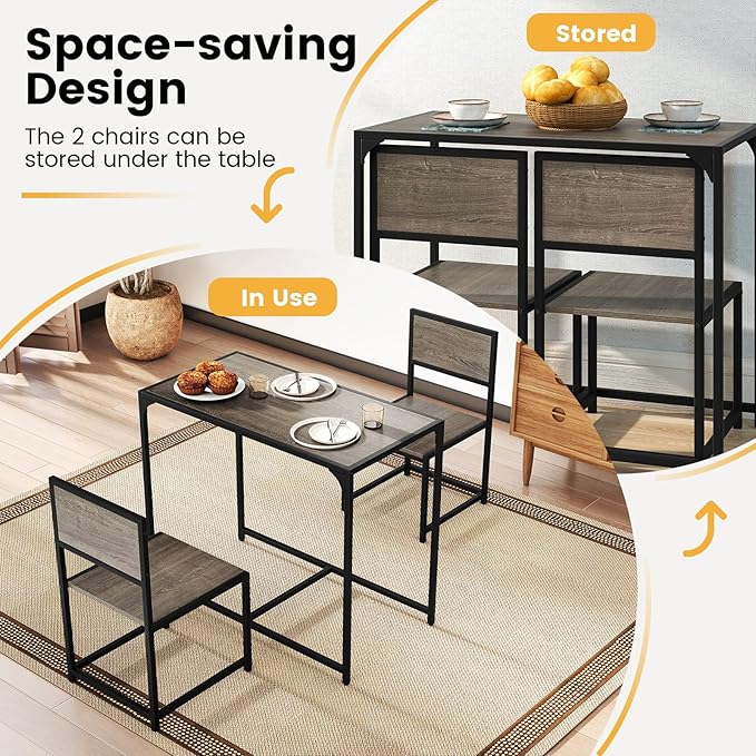 COSTWAY Small Dining Table for 2, Industrial Table and Chairs Set w/Metal Frame, Wood Grain Surface, 3-Piece Dinette Set, Space-Saving Kitchen Table Set for Small Place, Apartment, Home (Gray Oak)