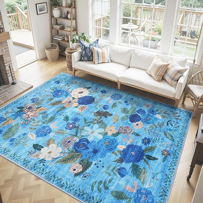 Washable Area Rug 8x10, Large Soft Rugs for Living Room Floral Blue Carpet 8x10 Area Rugs for Bedroom Dining Room Non-Slip Stain Resistant Under Table Rug (8 x 10, Blue Lawn)