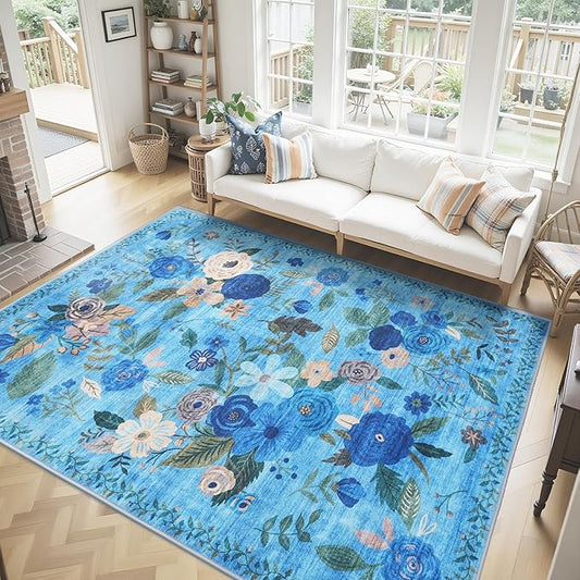Washable Area Rug 8x10, Large Soft Rugs for Living Room Floral Blue Carpet 8x10 Area Rugs for Bedroom Dining Room Non-Slip Stain Resistant Under Table Rug (8 x 10, Blue Lawn)
