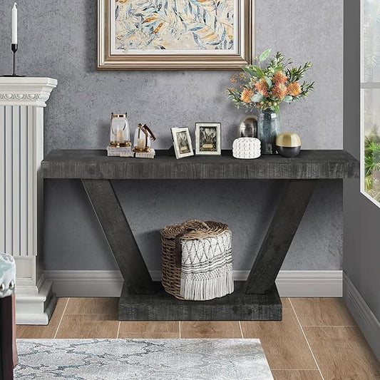 60" Wood Console Table for Entryway Bench with 2-Tier Veneer Storage Cabinet, Rustic Wide Design for Hallway, Living Room & Behind Sofa,Antique Black