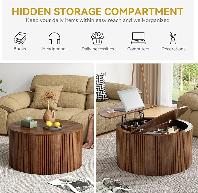 Mid Century Round Fluted Lift Top Coffee Table, Modern Center Table with Storage and Compartment, 2 Tier Small Circle Dining Table, for Living Room, Home Small Space, Walnut Oak