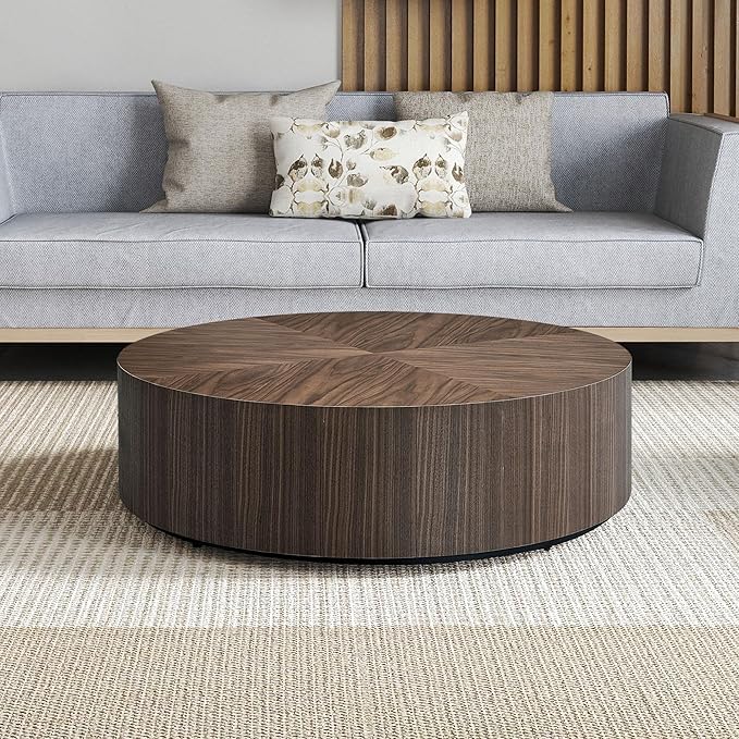 35.43" Round Coffee Table, Modern Drum Coffee Table Wood Side Table Accent End Table Circle Center Table for Living Room Apartment, No Need Assembly, Walnut
