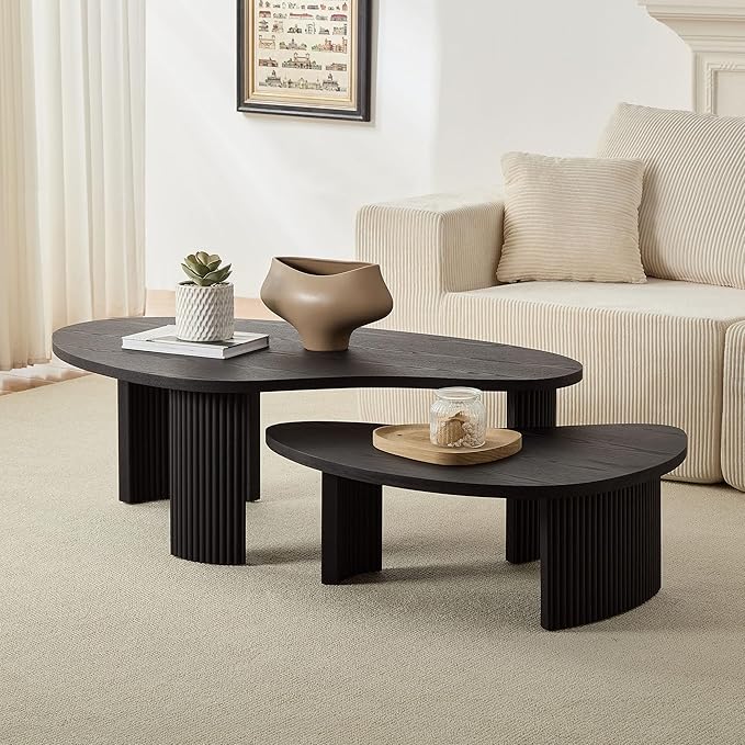 Modern Nesting Coffee Table Set of 2 for Living Room,Irregular Shape End Side Tables for Office,Easy Assembly,Black