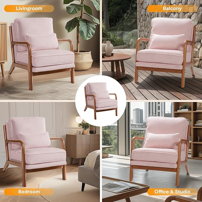 FLEXISPOT AC1 Accent Chairs Set of 2, Upholstered Mid Century Modern Corduroy Armchairs with Solid Wood Frame, Comfy Lounge Reading Chairs Farmhouse Armchairs for Living Room, Bedroom, Balcony (Pink)