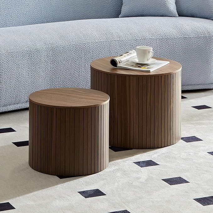 Small Nesting Round Coffee Table Set of 2, Modern Wooden Circle Accent End Side Table for Living Room, Bedroom, No Assembly Required, Brown