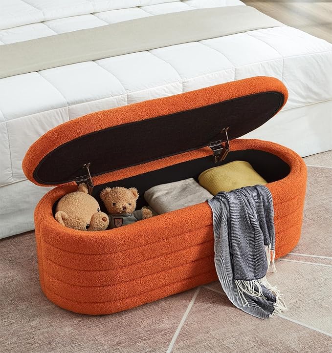 Storage Ottoman Bench End of Bed for Bedroom,43 inch Teddy Boucle Upholstered Entryway Shoe Seat Bench w/Storage,Sherpa Modern Cute Stool Foot Rest for Living Room,Window Seating,Orange