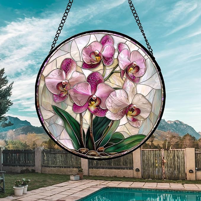 Stained Glass Window Hanging - Pink Purple Phalaenopsis Flowers Sun Catcher for Door Home Decor Plant Suncatcher Christmas Mother's Day Birthday Gifts for Women Men Mom Nana 7.8 in