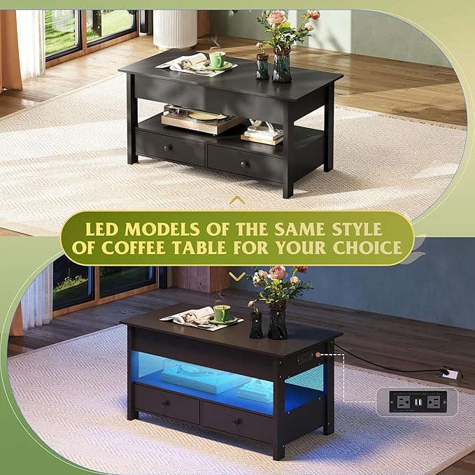 WLIVE Coffee Table, Lift Top Coffee Table with 2 Drawers, Large Hidden Hidden Compartment and Open Shelf, Lift Tabletop, Dining Table for Living Room, Black