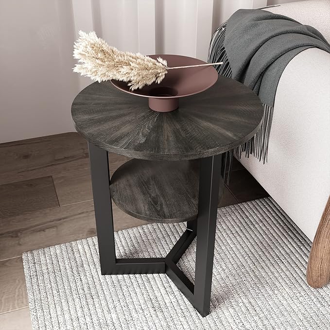 LEEMTORIG Round Side Table, 2-Tier End Table Nightstand with Metal Legs, Modern Bedside Couch Accent Table for Living Room, Bedroom, Office, Rustic Black/Black, 19.3 x 19.3 x 24 inches BZ-1338-BK