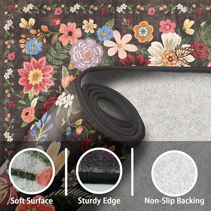 Floral Hallway Runner Black Carpet Non-Slip, 2x10 Washable Rug Ultra-Thin Soft for Hallways, Kitchen Mat Stain Resistant for Entryway Bathroom (2 x 10, Black Garden)