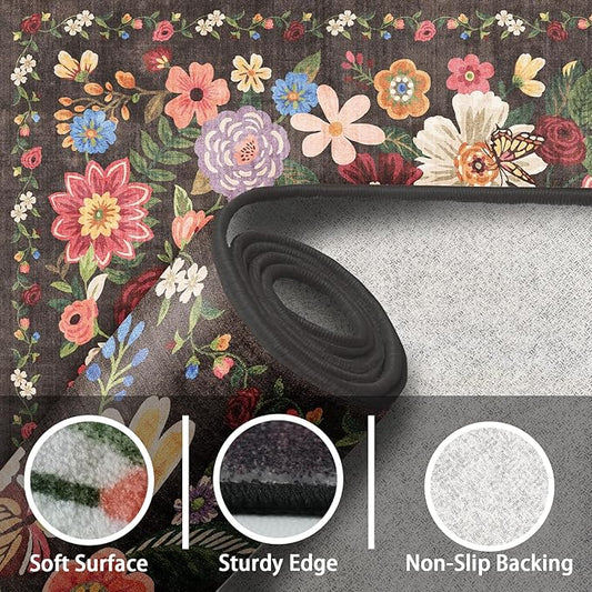 Floral Hallway Runner Black Carpet Non-Slip, 2x10 Washable Rug Ultra-Thin Soft for Hallways, Kitchen Mat Stain Resistant for Entryway Bathroom (2 x 10, Black Garden)