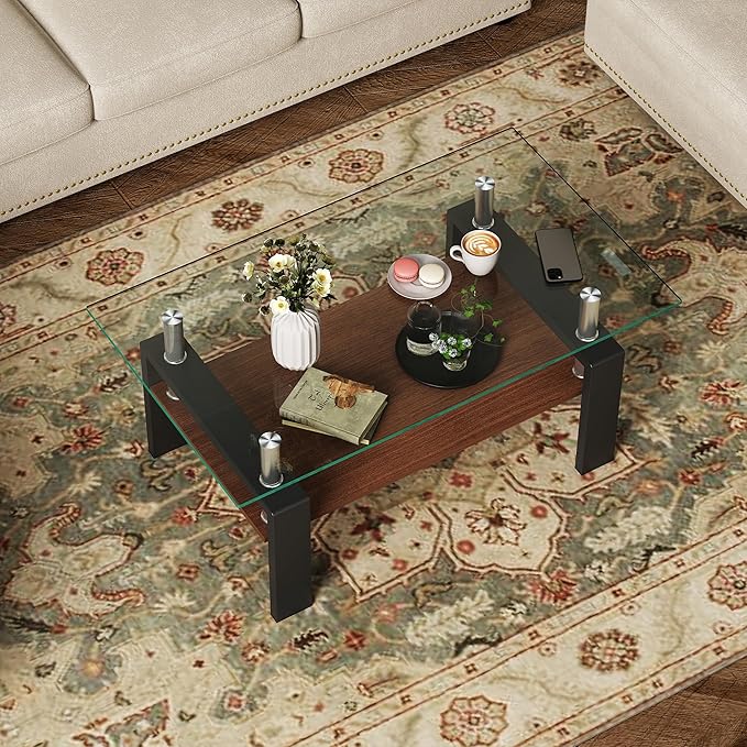 Modern 2-Tier Coffee Table with Tempered Glass Top, MDF Shelf & Metal Legs, Rectangular Living Room Center Table, Sturdy & Stylish Table for Small Spaces, Lounge or Office