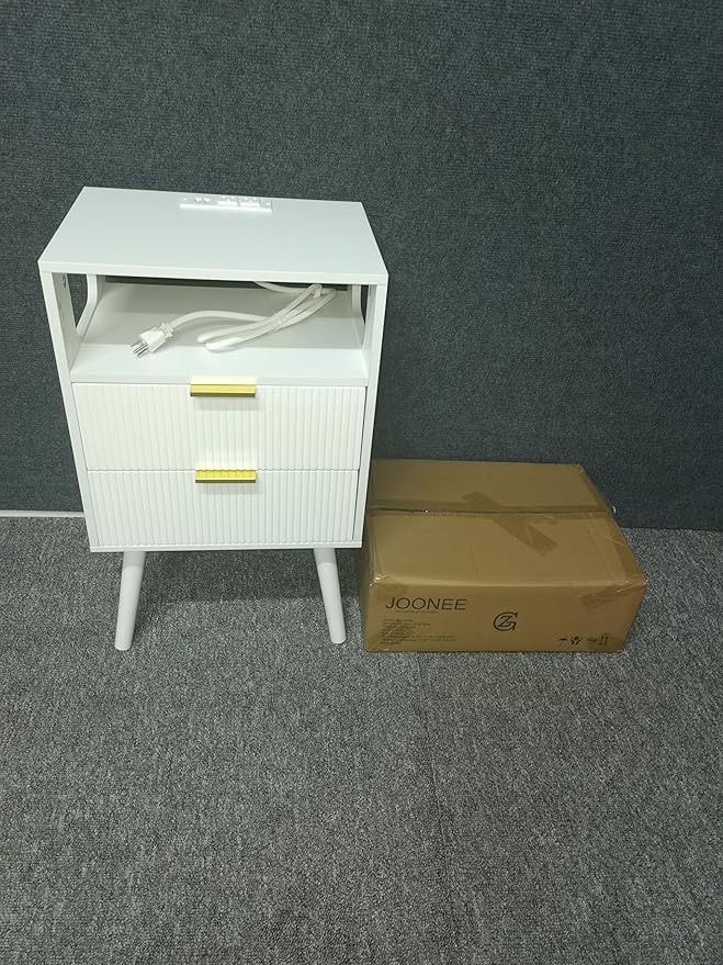 White Nightstand with Charging Station and LED Lights,Modern Bedside Table with 2 Storage Drawer and Open Wood Shelf, for Bedroom and Small Spaces,Night Stand with Solid Wood Legs,White