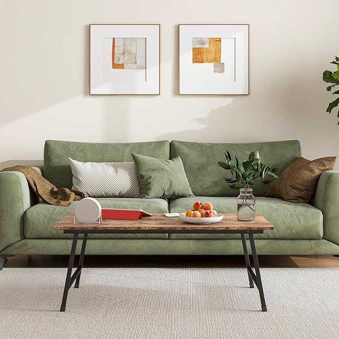 Black Coffee Table Foldable,Simple Modern Rectangular Center Table, Industrial Wood Tabletop and Metal Frame, Low Coffee Table for Home Office, Living Room,No Assembly,Rustic Brown