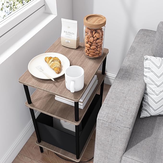 Small Side Table with Charging Station, End Table for Small Spaces, Slim Nightstand with Outlet,Sofa Beside Table, 3-Tier Storage Shelf,Living Room, Bed Room, Natrual Walnut