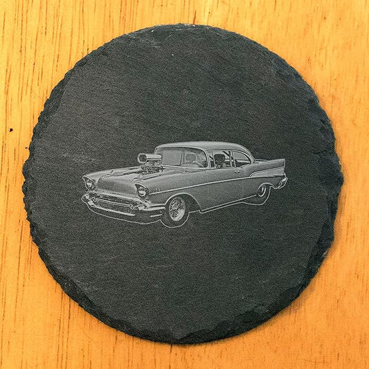 Rev It Up in Style: 1957 Chevy Bel Air Hot Rod Coasters for Gearheads - Round Slate - Set of 5