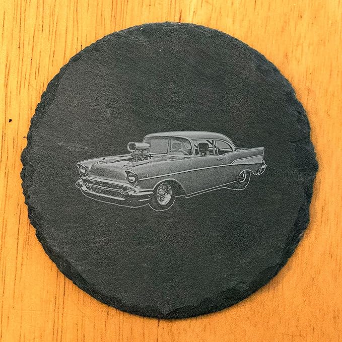 Rev It Up in Style: 1957 Chevy Bel Air Hot Rod Coasters for Gearheads - Round Slate - Set of 6