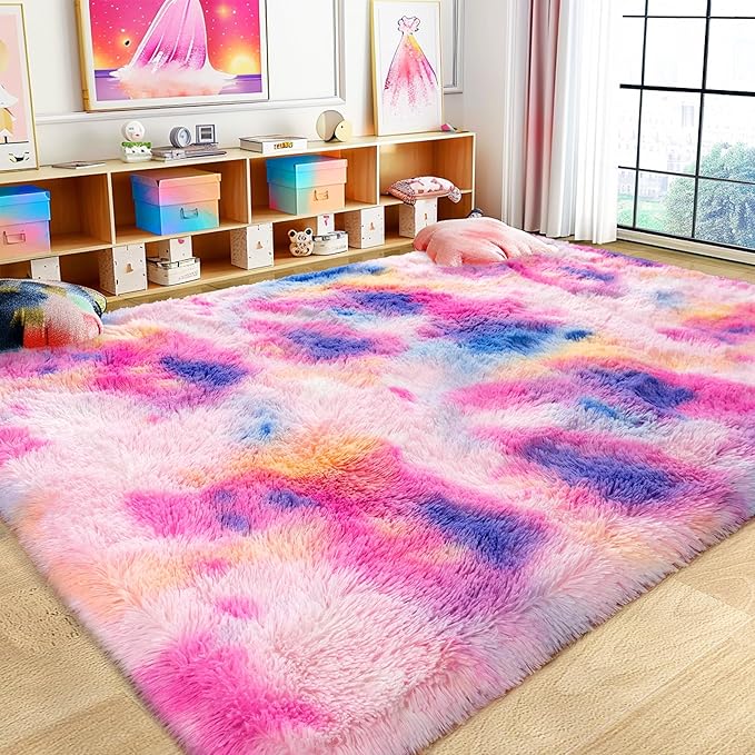 Ultra Fluffy Rug for Living Room Bedroom, 5x7 Fuzzy Large Area Rug for Living Room, Plush Soft Shag Carpet for Girl Boy Kids, Non Slip Rug Modern Indoor Home Decor Aesthetic, Dark Rainbow