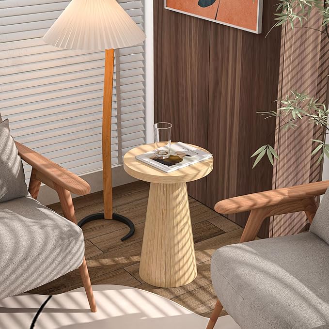 Small Round Pedestal Side Table, Wooden End Table for Living Room, Fluted Drink Table for Small Space, Modern Plant Stand Accent Table for Sofa Couch, 13.6 inch (Wood)